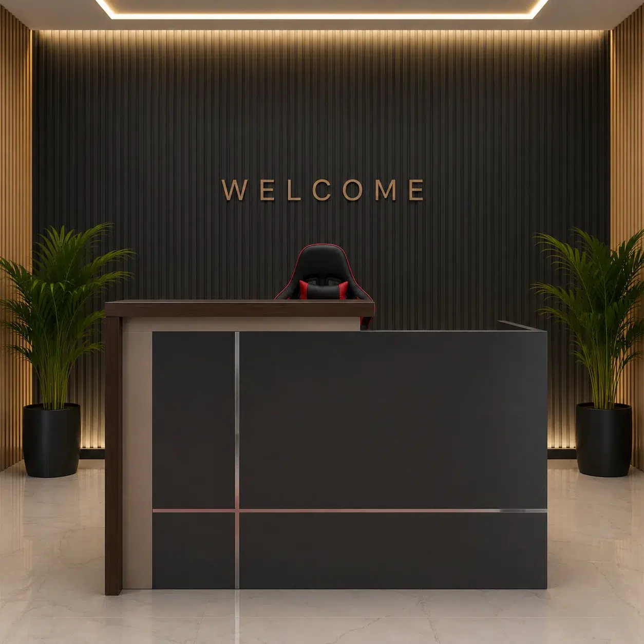 1 (20) Reception Desk Black Gloss & Walnut 1.6m-(EBX-REC-002) - Image 1
