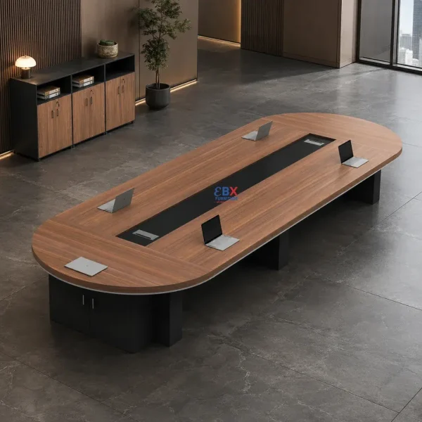 3.0m Oval Boardroom Table - Walnut & Black Inset (Cabinet Pedestals)-Round Conference Table - Cherry-(EBX-BRD-006)