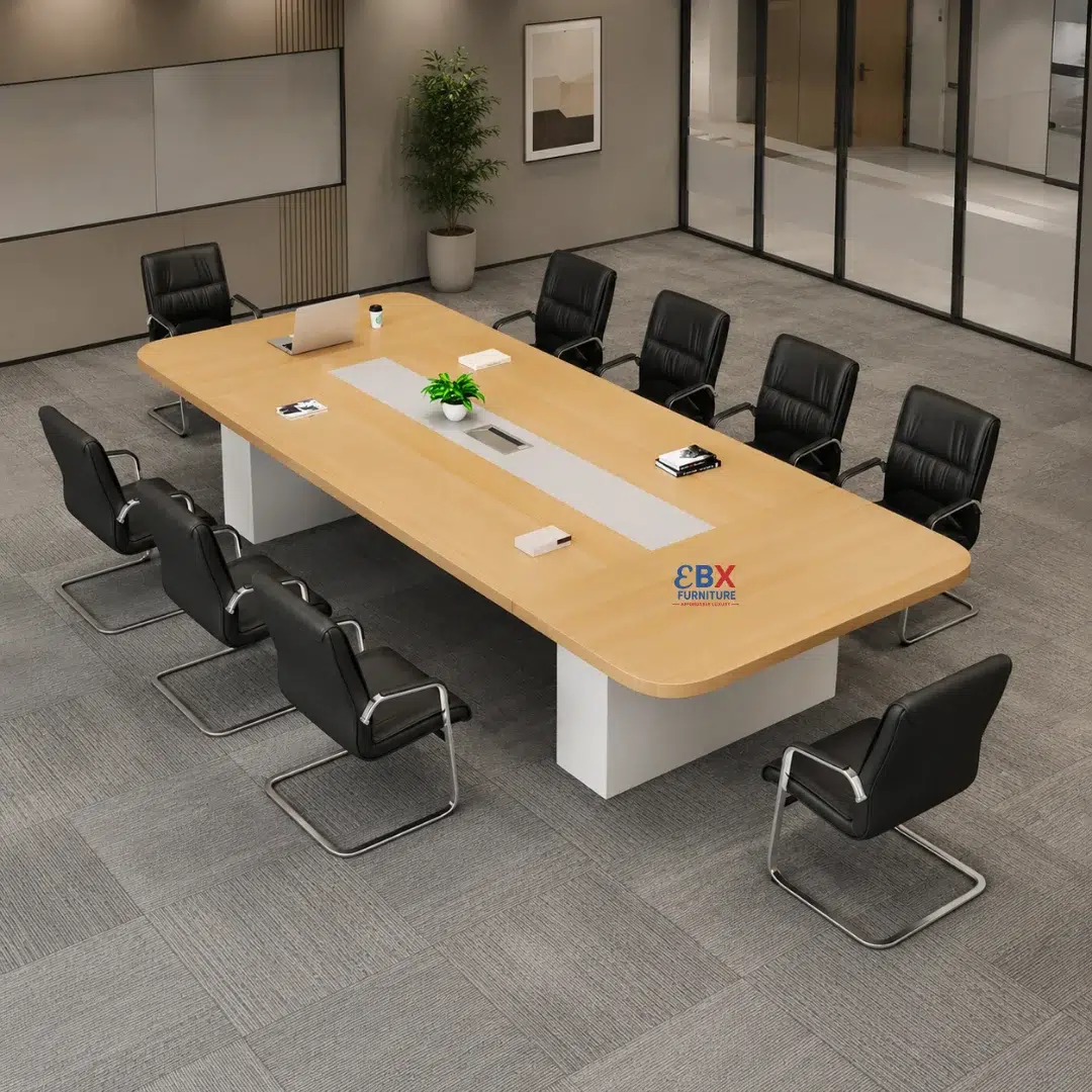 1 (8) 3.0m Conference Table - Maple Rectangular (White Pedestals)- (EBX-BRD-008) - Image 1