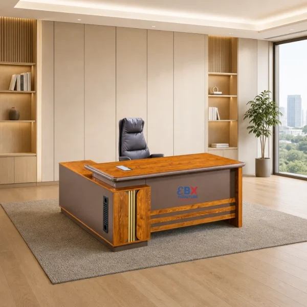Executive L-Desk - Golden Oak & Gold Stripe-(EBX-EXE-012)