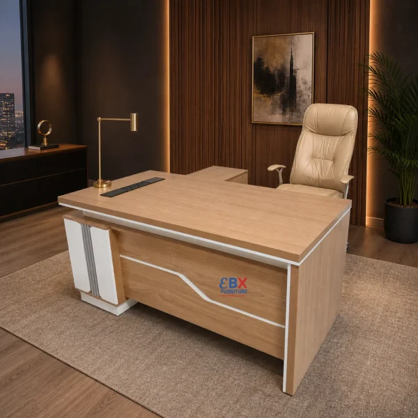 Executive L-Desk - Natural Oak & White-(EBX-EXE-007)